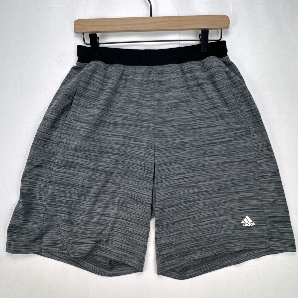 Men's small adidas Climalite athletic shorts in heather gray with black elastic waistband and side pockets.