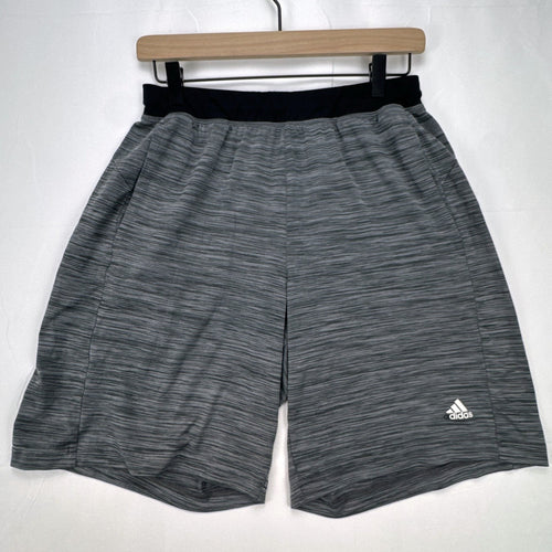 Men's small adidas Climalite athletic shorts in heather gray with black elastic waistband and side pockets.