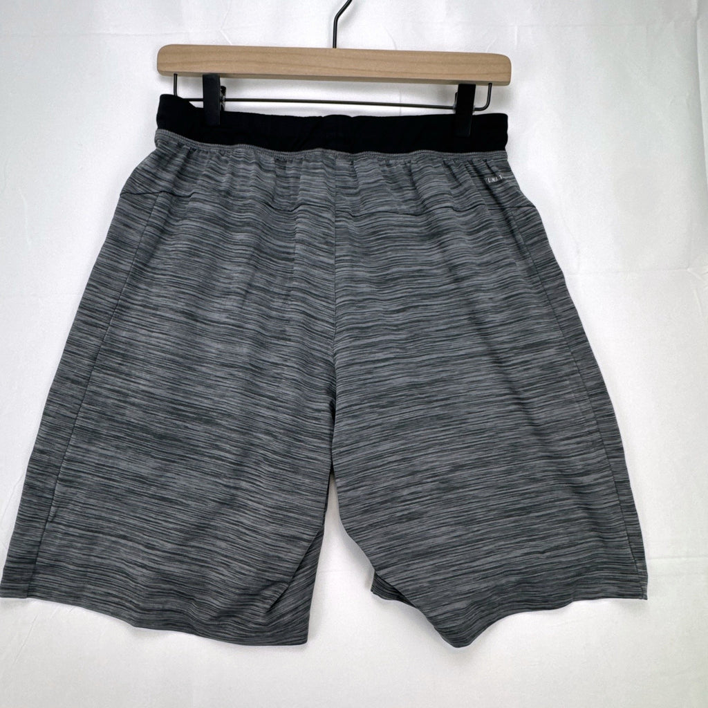 Men's small adidas Climalite athletic shorts in heather gray with black elastic waistband and side pockets.