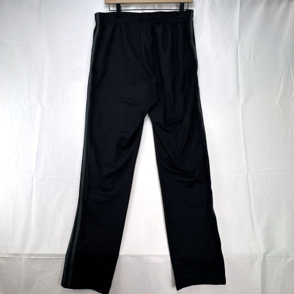 Men's black adidas straight leg track pants with gray 3-stripes in size medium