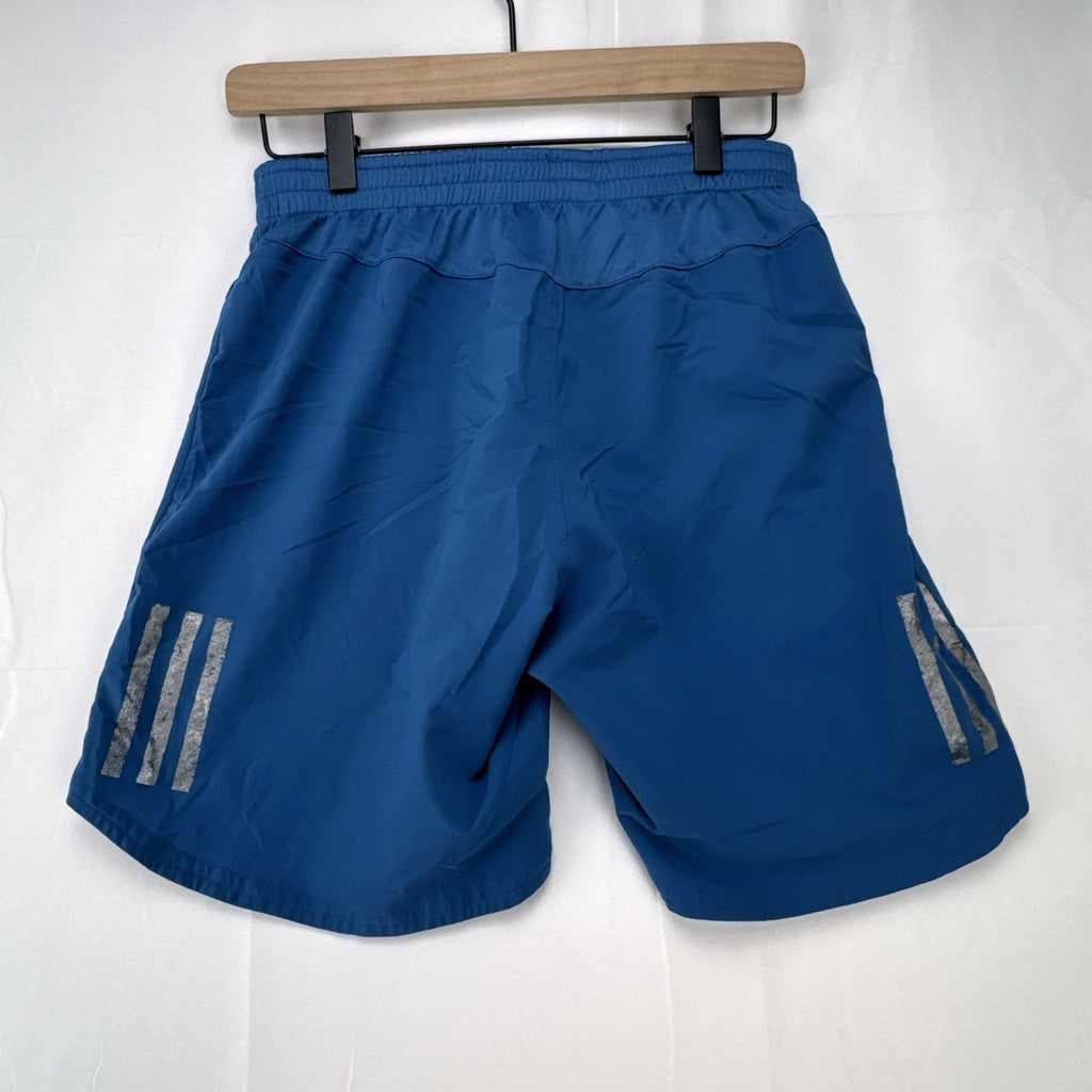 Men's blue adidas Climacool running shorts in size small with zippered pocket and reflective detailing.