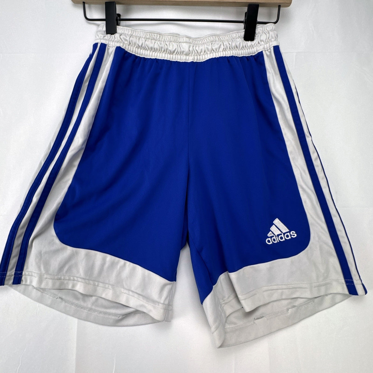 adidas men's small blue and white Climalite 3-stripes basketball shorts