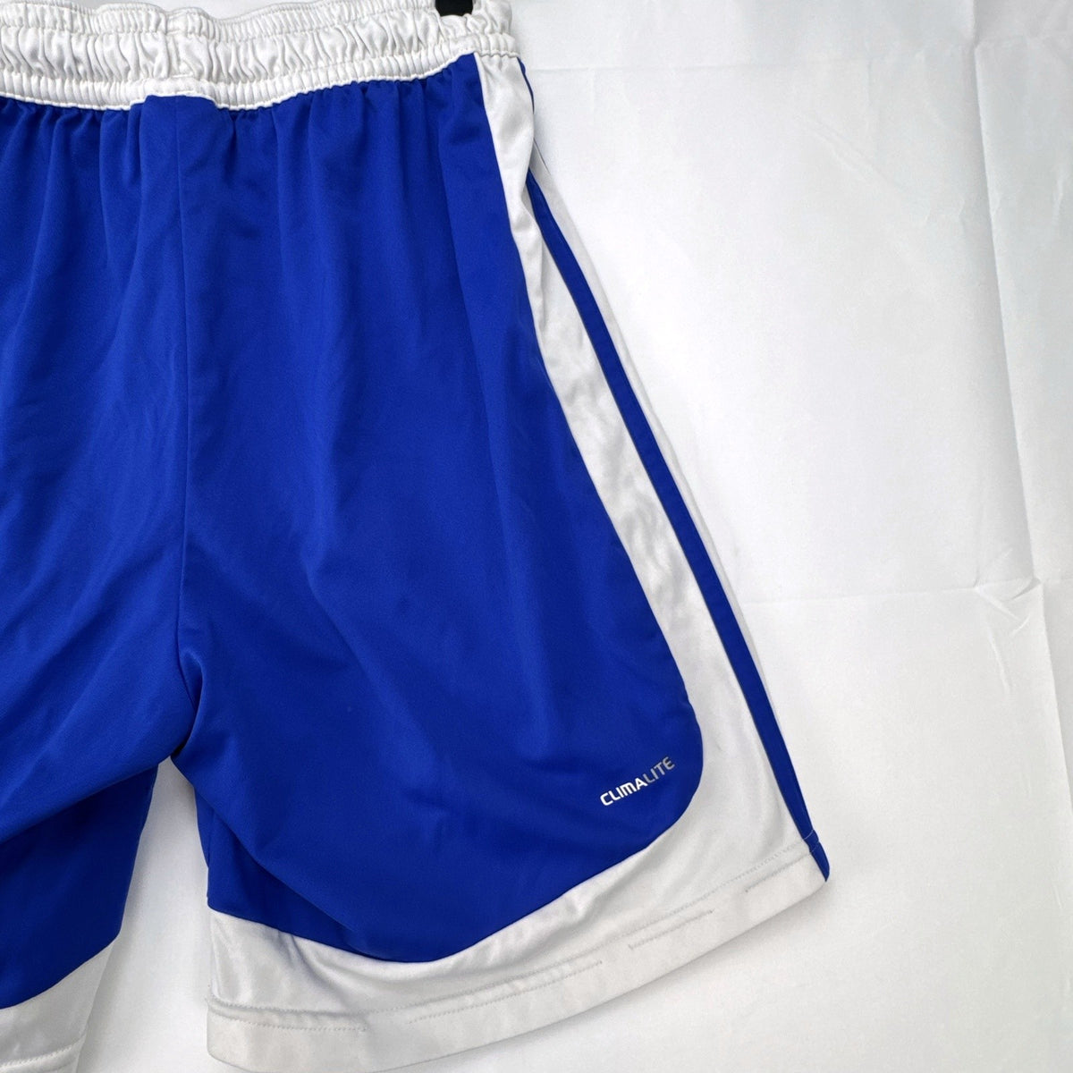 adidas men's small blue and white Climalite 3-stripes basketball shorts