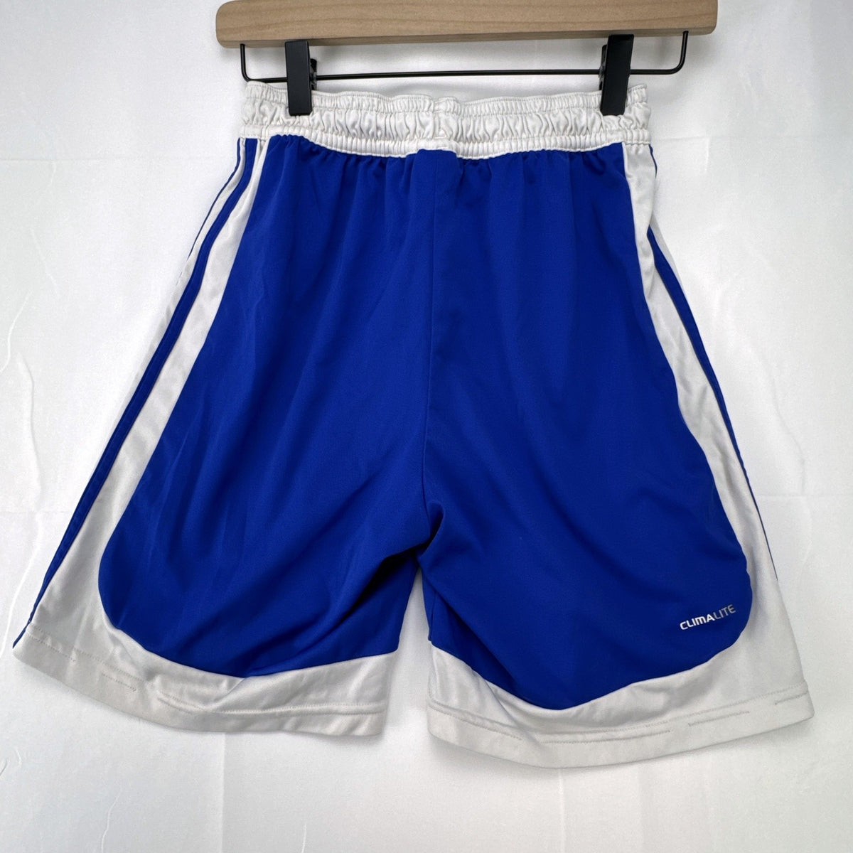 adidas men's small blue and white Climalite 3-stripes basketball shorts