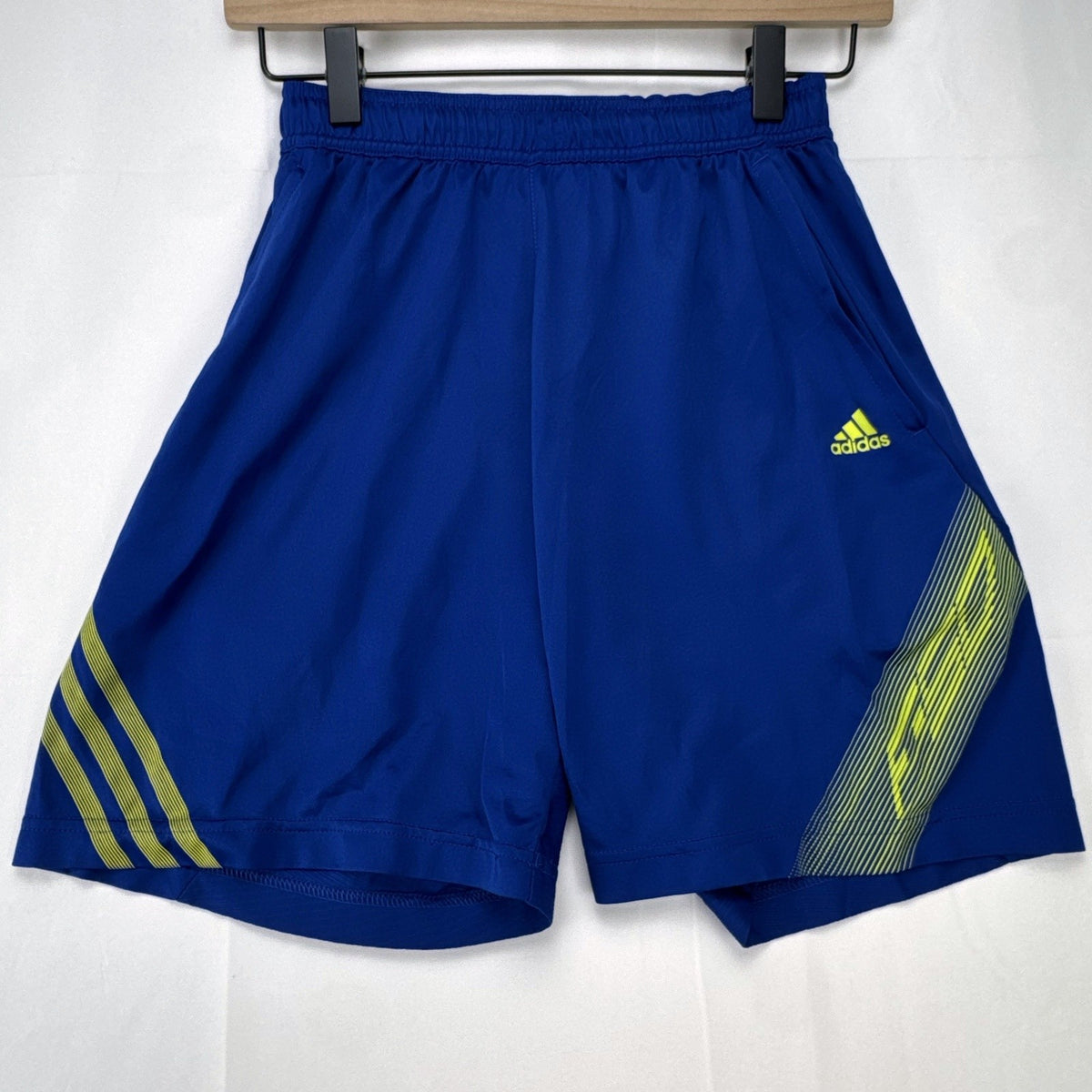 Blue and neon yellow adidas Climacool athletic training shorts in men's size small