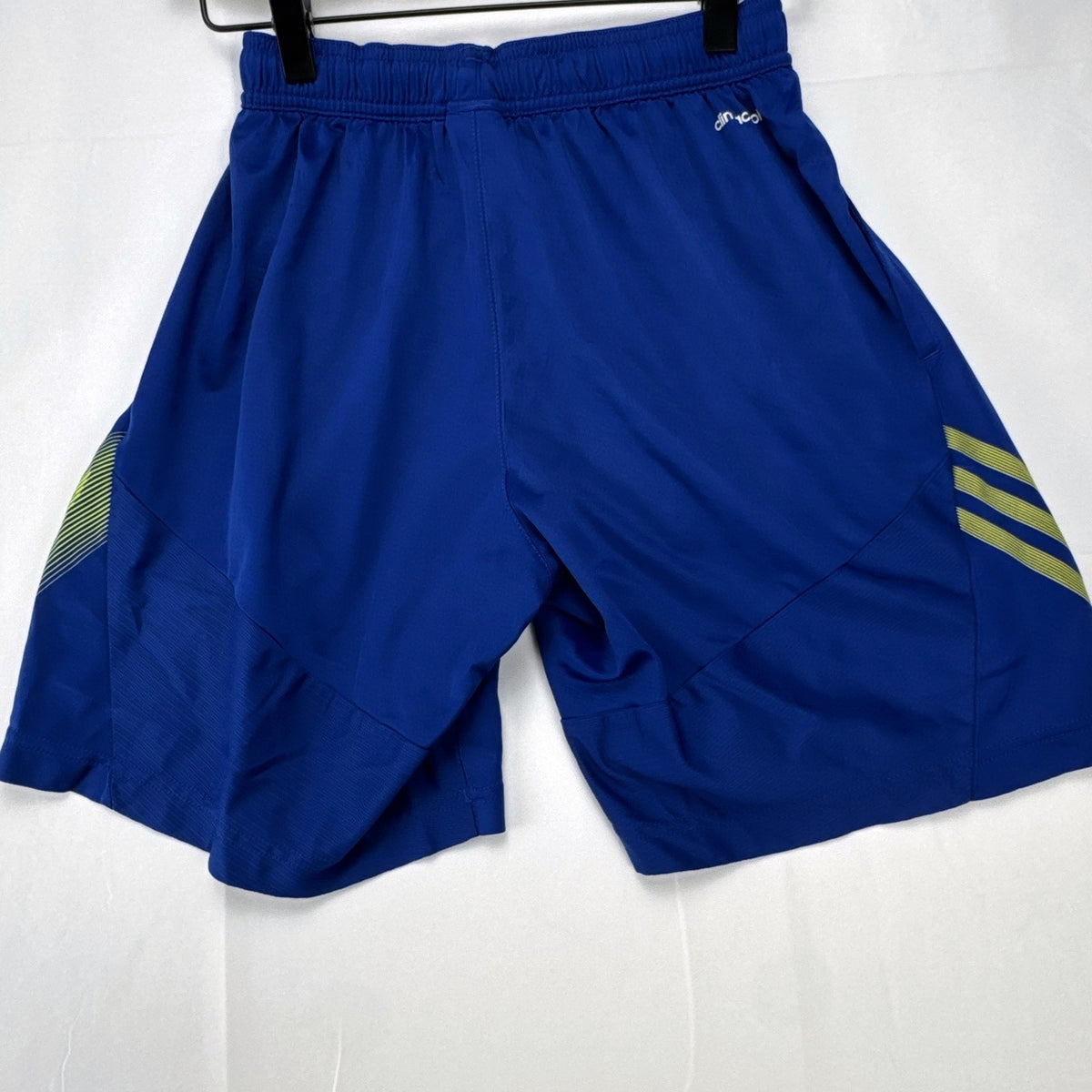 Blue and neon yellow adidas Climacool athletic training shorts in men's size small