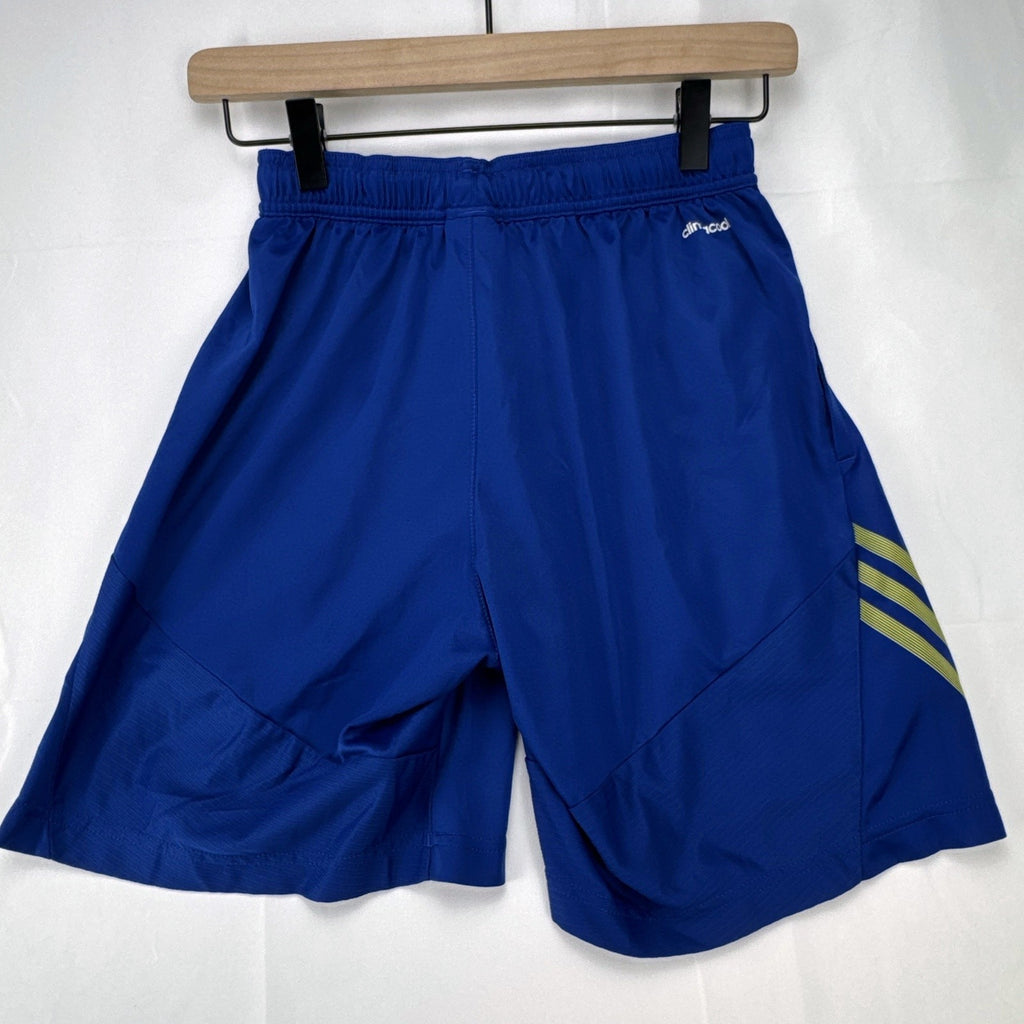 Blue and neon yellow adidas Climacool athletic training shorts in men's size small