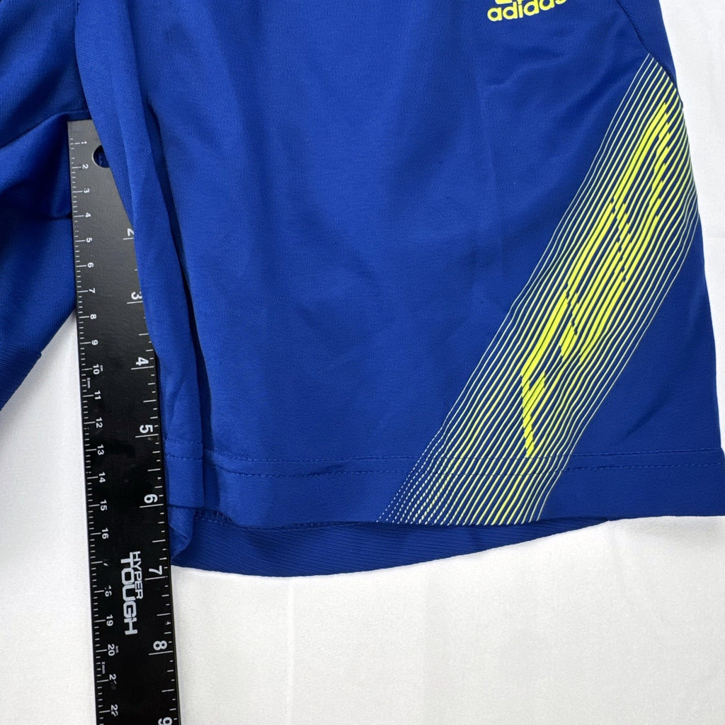 Blue and neon yellow adidas Climacool athletic training shorts in men's size small
