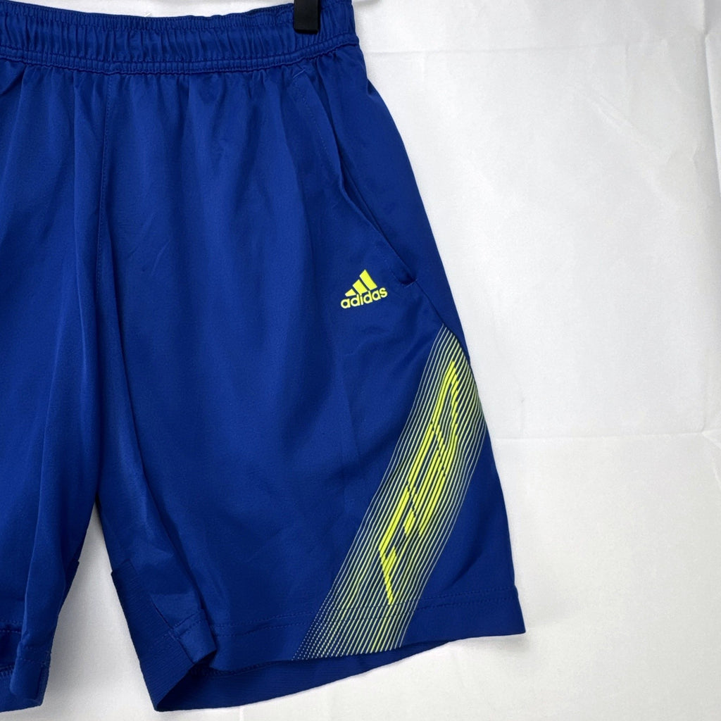 Blue and neon yellow adidas Climacool athletic training shorts in men's size small