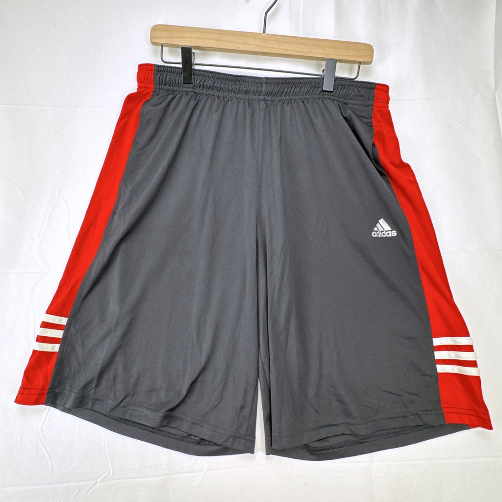 adidas men's size large basketball shorts in charcoal gray and red with Climalite fabric
