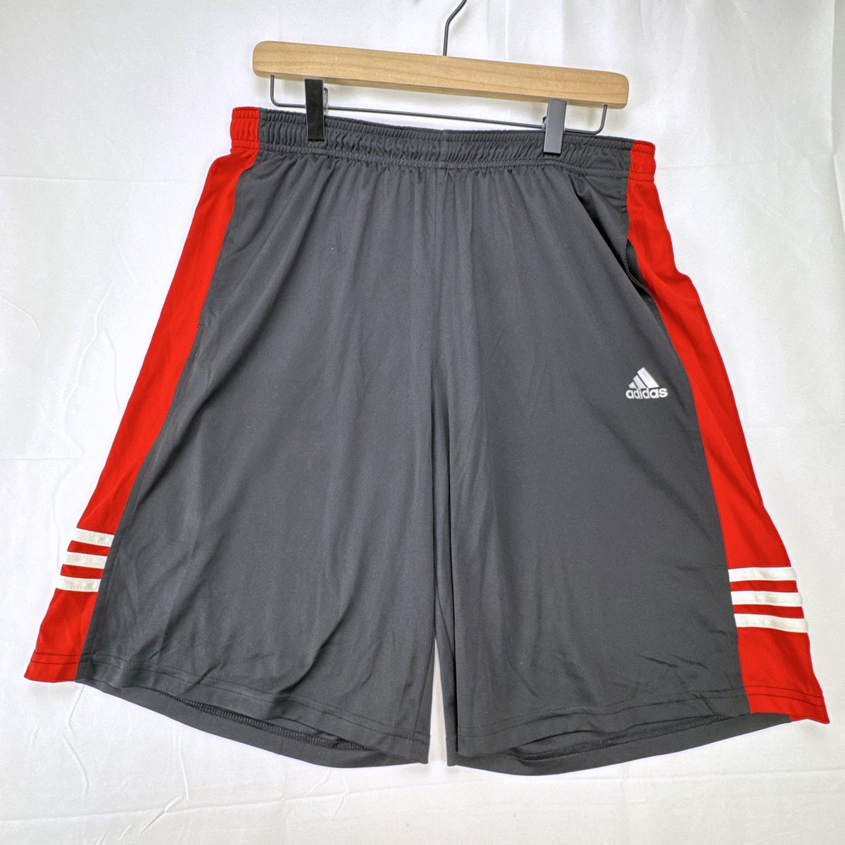 adidas men's size large basketball shorts in charcoal gray and red with Climalite fabric