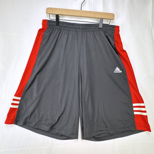 adidas men's size large basketball shorts in charcoal gray and red with Climalite fabric