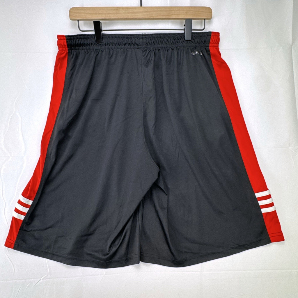 adidas men's size large basketball shorts in charcoal gray and red with Climalite fabric