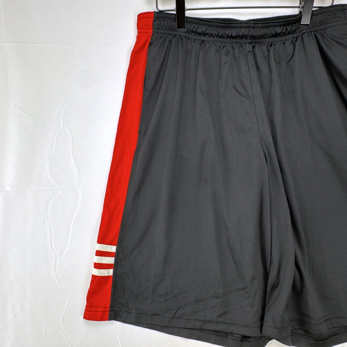 adidas men's size large basketball shorts in charcoal gray and red with Climalite fabric