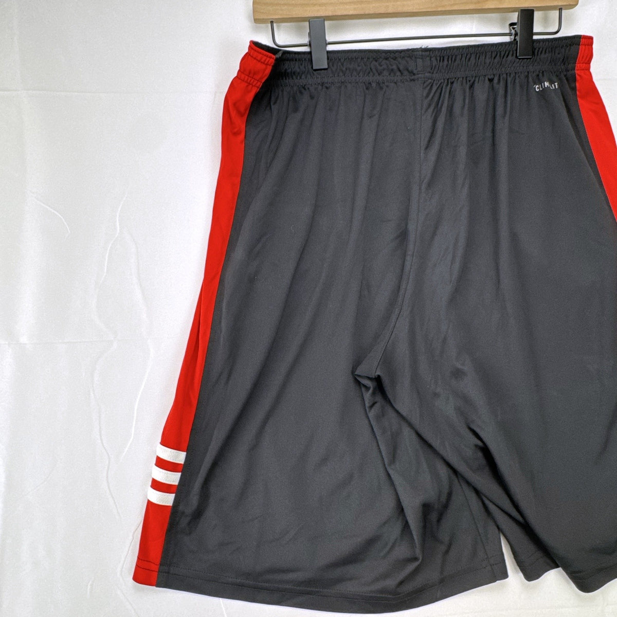 adidas men's size large basketball shorts in charcoal gray and red with Climalite fabric
