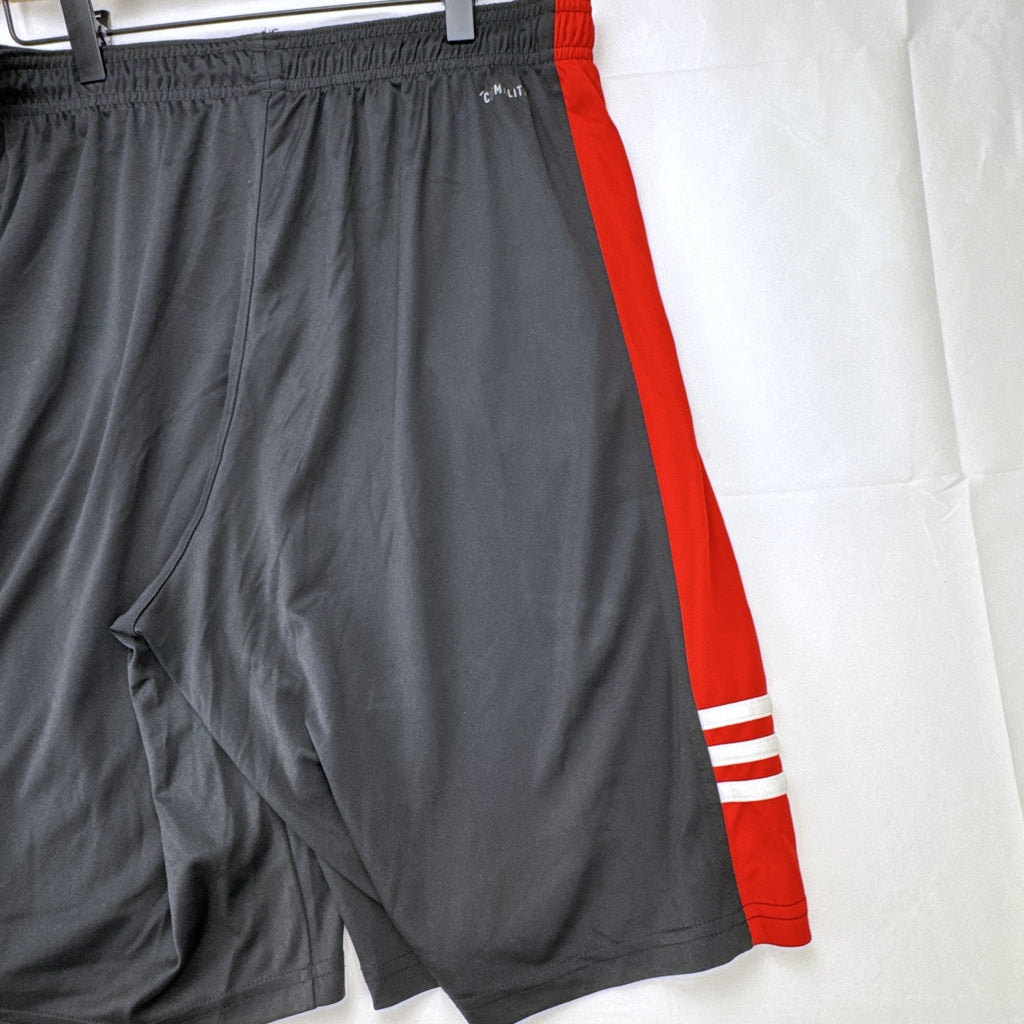 adidas men's size large basketball shorts in charcoal gray and red with Climalite fabric