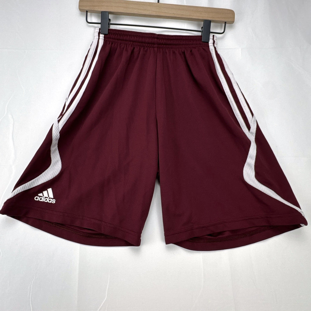 adidas Climacool maroon athletic soccer shorts in men's regular size small with white stripes
