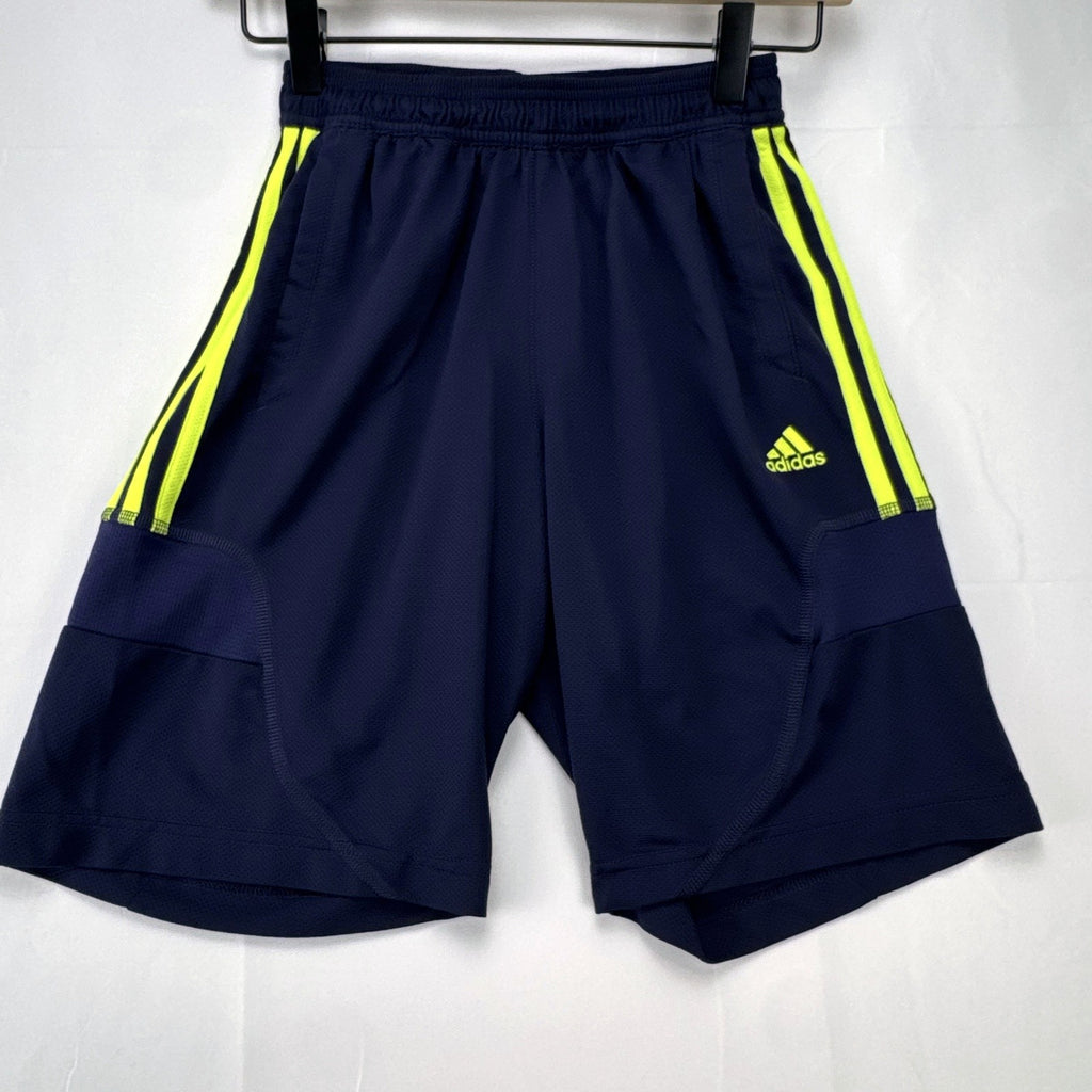 adidas UEFA Champions League soccer shorts in navy blue with neon yellow accents, men's small