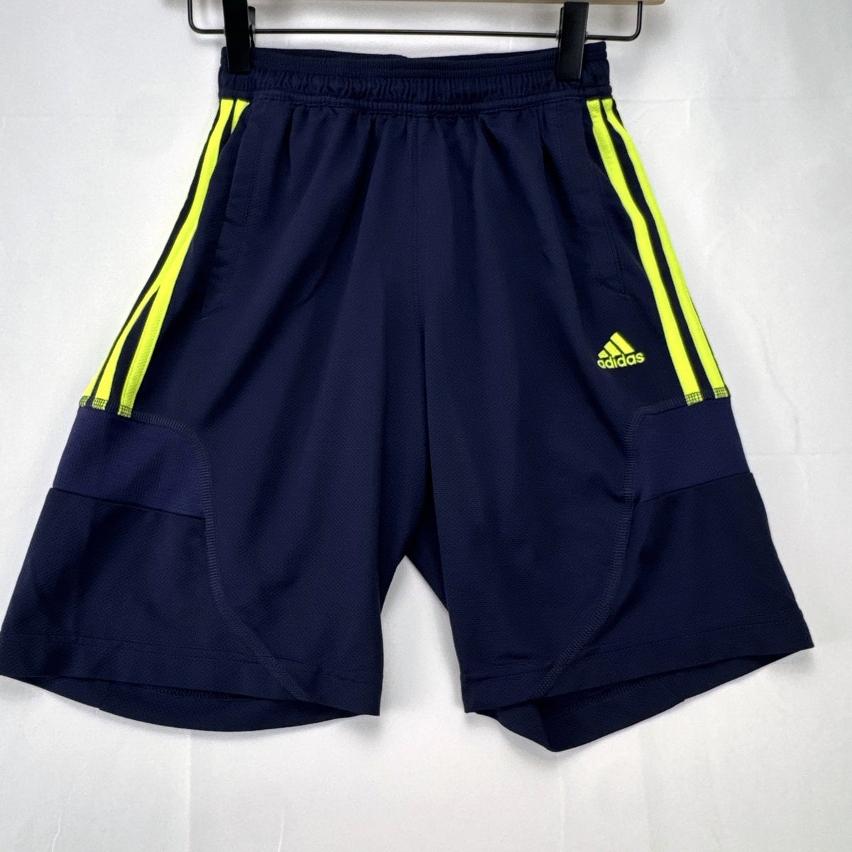 adidas UEFA Champions League soccer shorts in navy blue with neon yellow accents, men's small