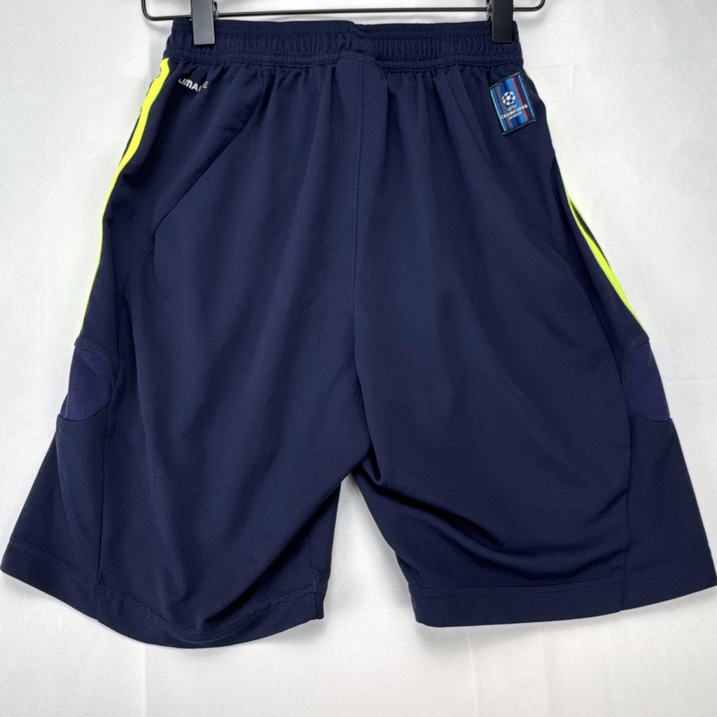 adidas UEFA Champions League soccer shorts in navy blue with neon yellow accents, men's small