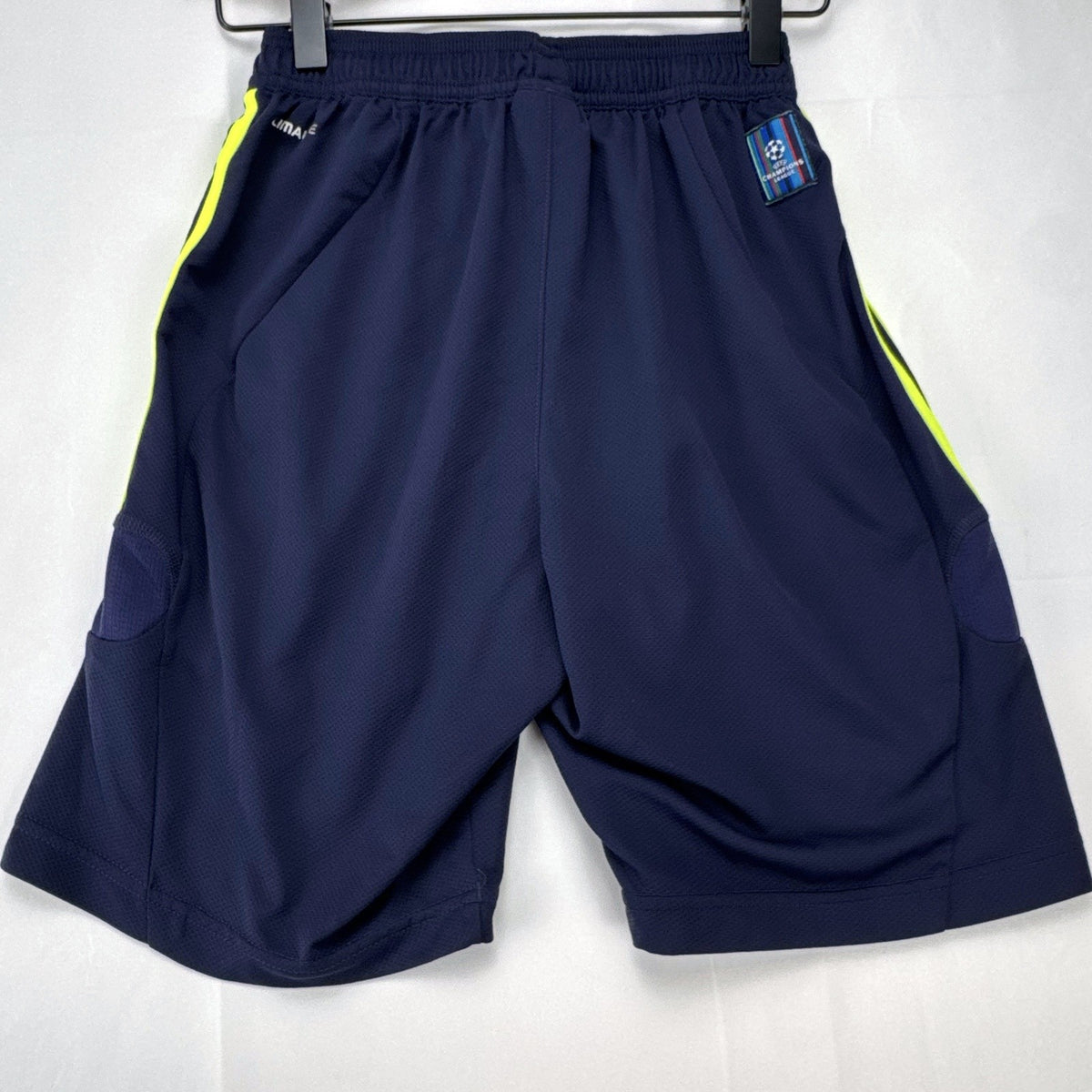adidas UEFA Champions League soccer shorts in navy blue with neon yellow accents, men's small