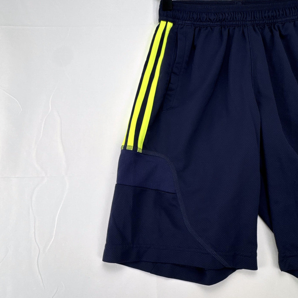 adidas UEFA Champions League soccer shorts in navy blue with neon yellow accents, men's small