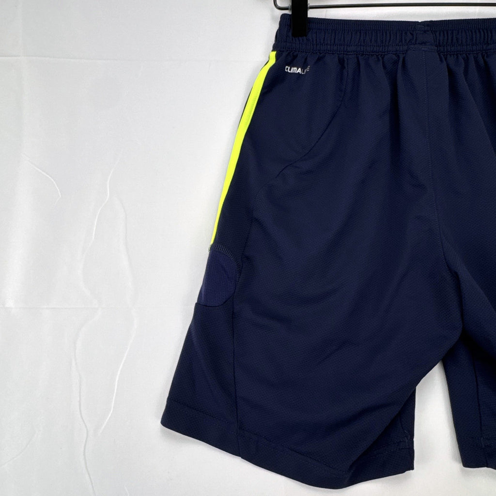 adidas UEFA Champions League soccer shorts in navy blue with neon yellow accents, men's small