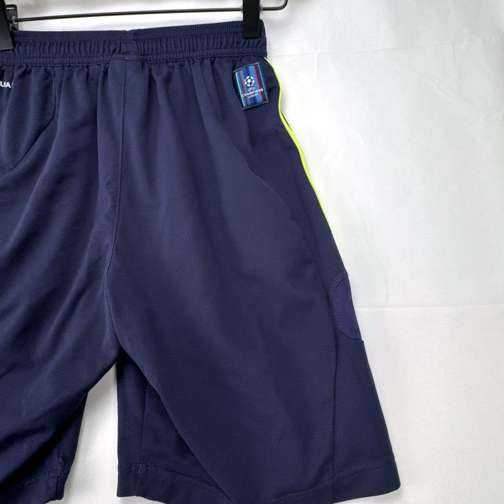 adidas UEFA Champions League soccer shorts in navy blue with neon yellow accents, men's small