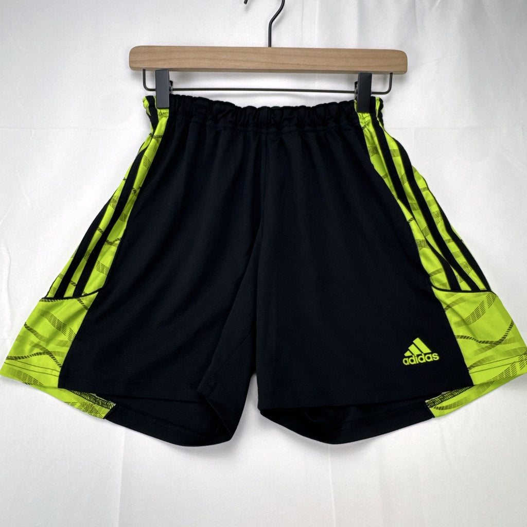 Women's black and neon green adidas soccer shorts featuring 3-Stripes sides in size Large.