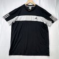 Men's large black adidas Climalite tennis t-shirt with white chest stripe and three-stripe sleeves.
