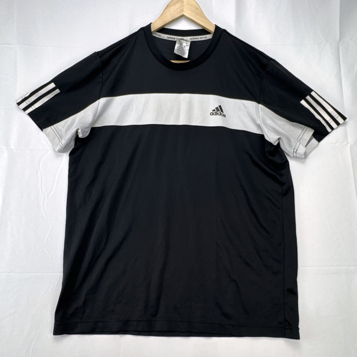 Men's large black adidas Climalite tennis t-shirt with white chest stripe and three-stripe sleeves.