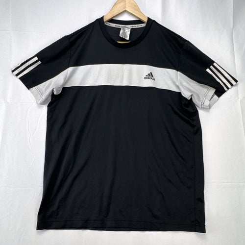 Men's large black adidas Climalite tennis t-shirt with white chest stripe and three-stripe sleeves.
