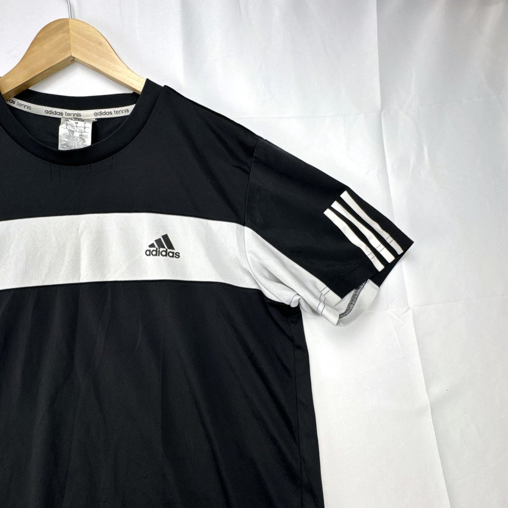 Men's large black adidas Climalite tennis t-shirt with white chest stripe and three-stripe sleeves.