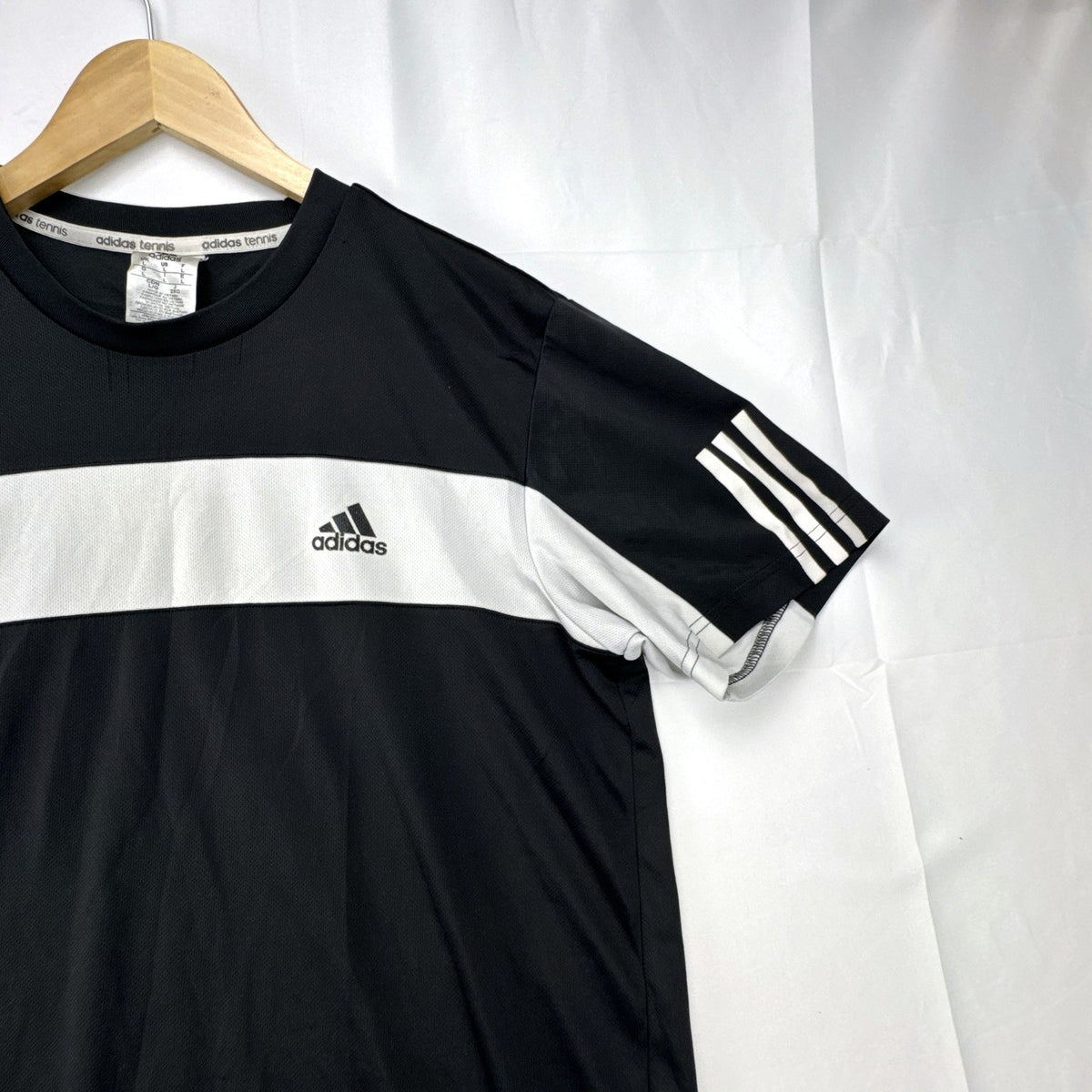 Men's large black adidas Climalite tennis t-shirt with white chest stripe and three-stripe sleeves.