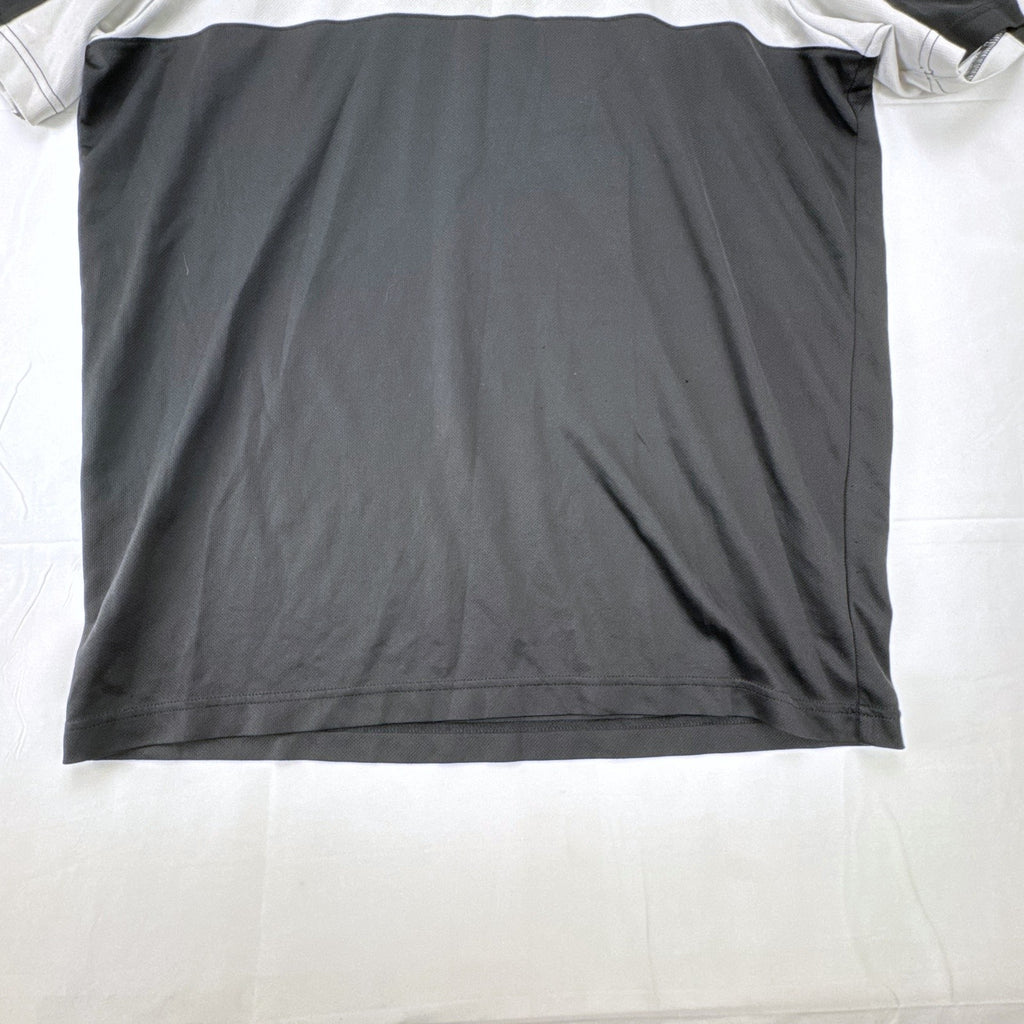 Men's large black adidas Climalite tennis t-shirt with white chest stripe and three-stripe sleeves.