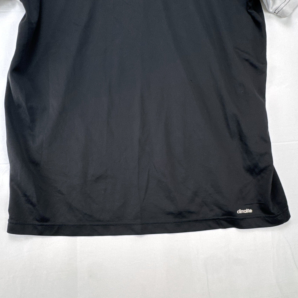 Men's large black adidas Climalite tennis t-shirt with white chest stripe and three-stripe sleeves.