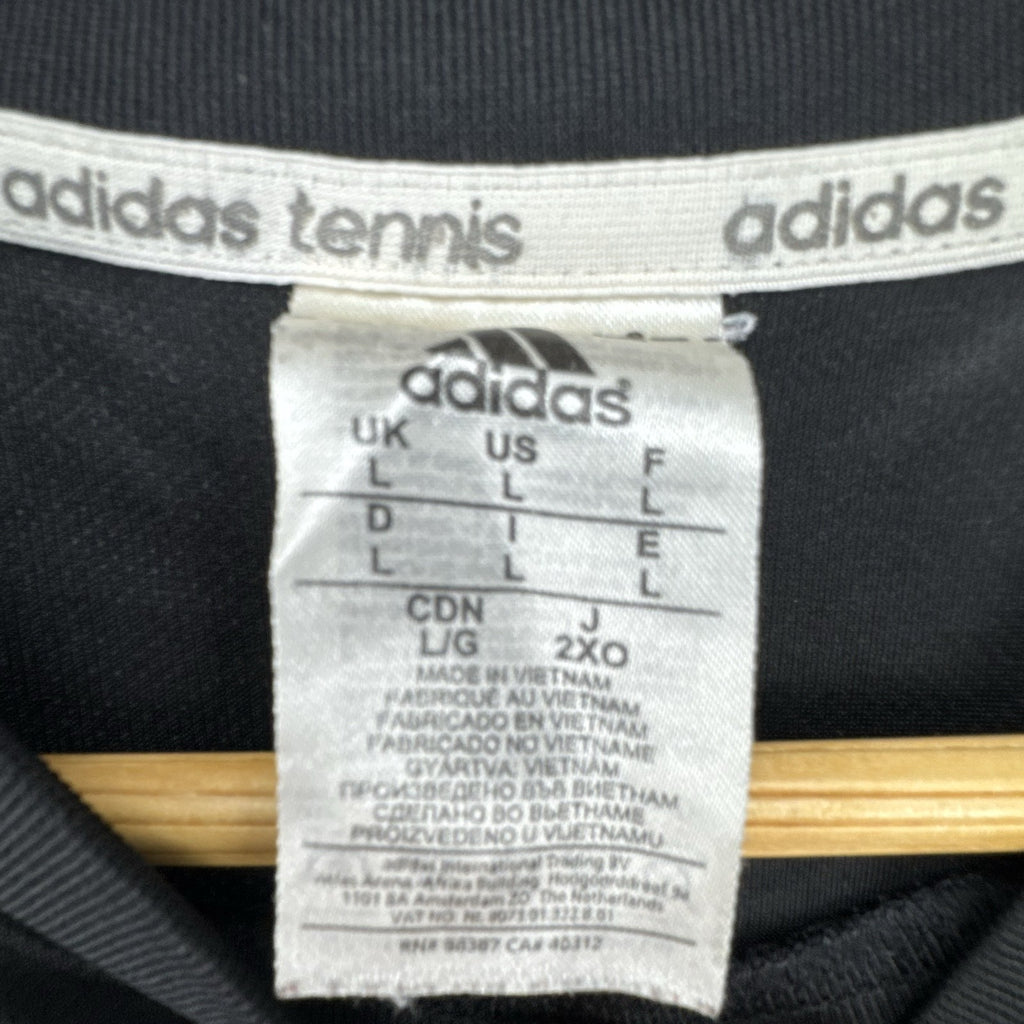 Men's large black adidas Climalite tennis t-shirt with white chest stripe and three-stripe sleeves.