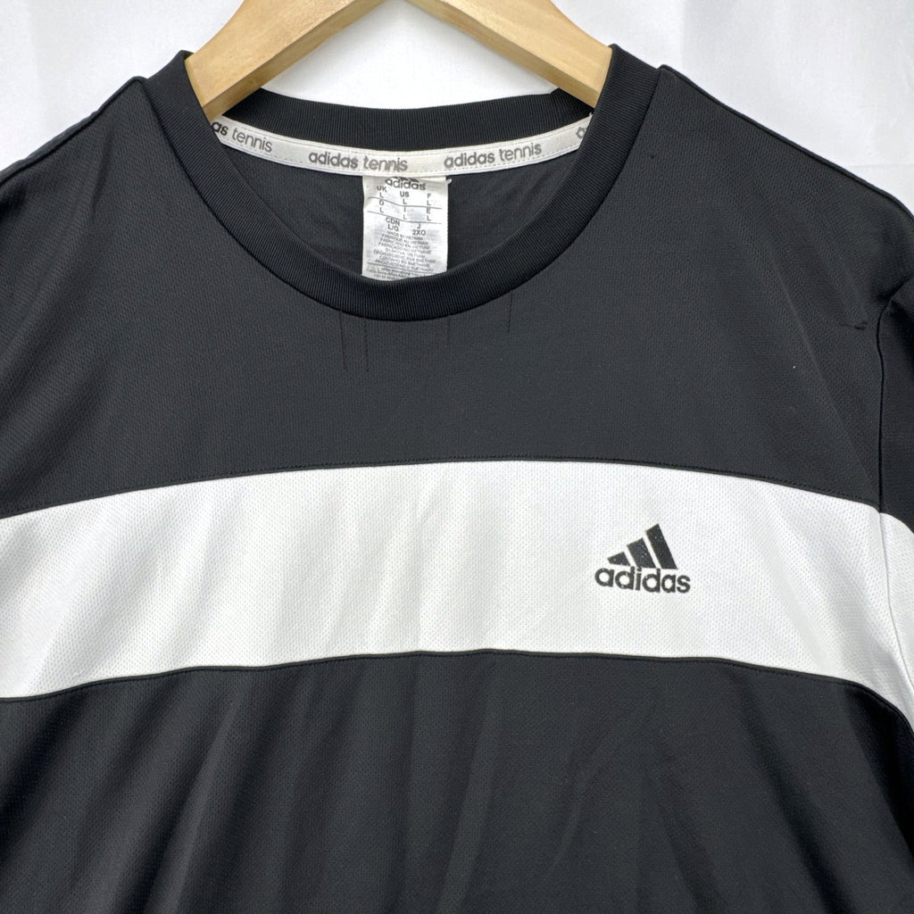 Men's large black adidas Climalite tennis t-shirt with white chest stripe and three-stripe sleeves.
