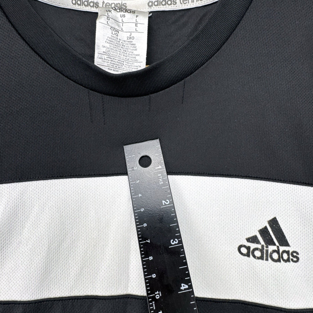 Men's large black adidas Climalite tennis t-shirt with white chest stripe and three-stripe sleeves.