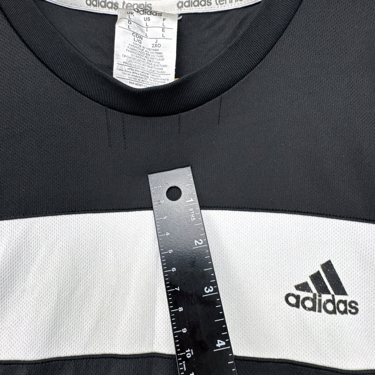 Men's large black adidas Climalite tennis t-shirt with white chest stripe and three-stripe sleeves.