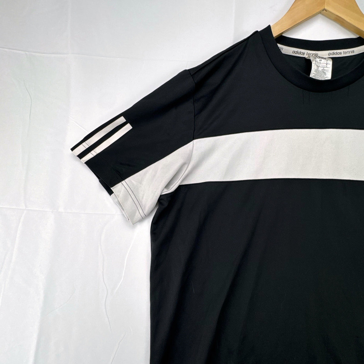 Men's large black adidas Climalite tennis t-shirt with white chest stripe and three-stripe sleeves.