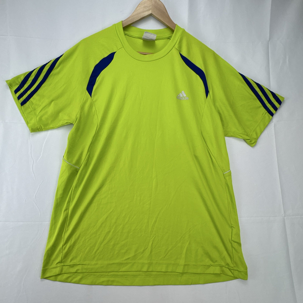 adidas men's neon lime green athletic t-shirt with 3-stripes in size Large