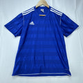 adidas men's Climalite soccer jersey in royal blue with white shoulder stripes, size large
