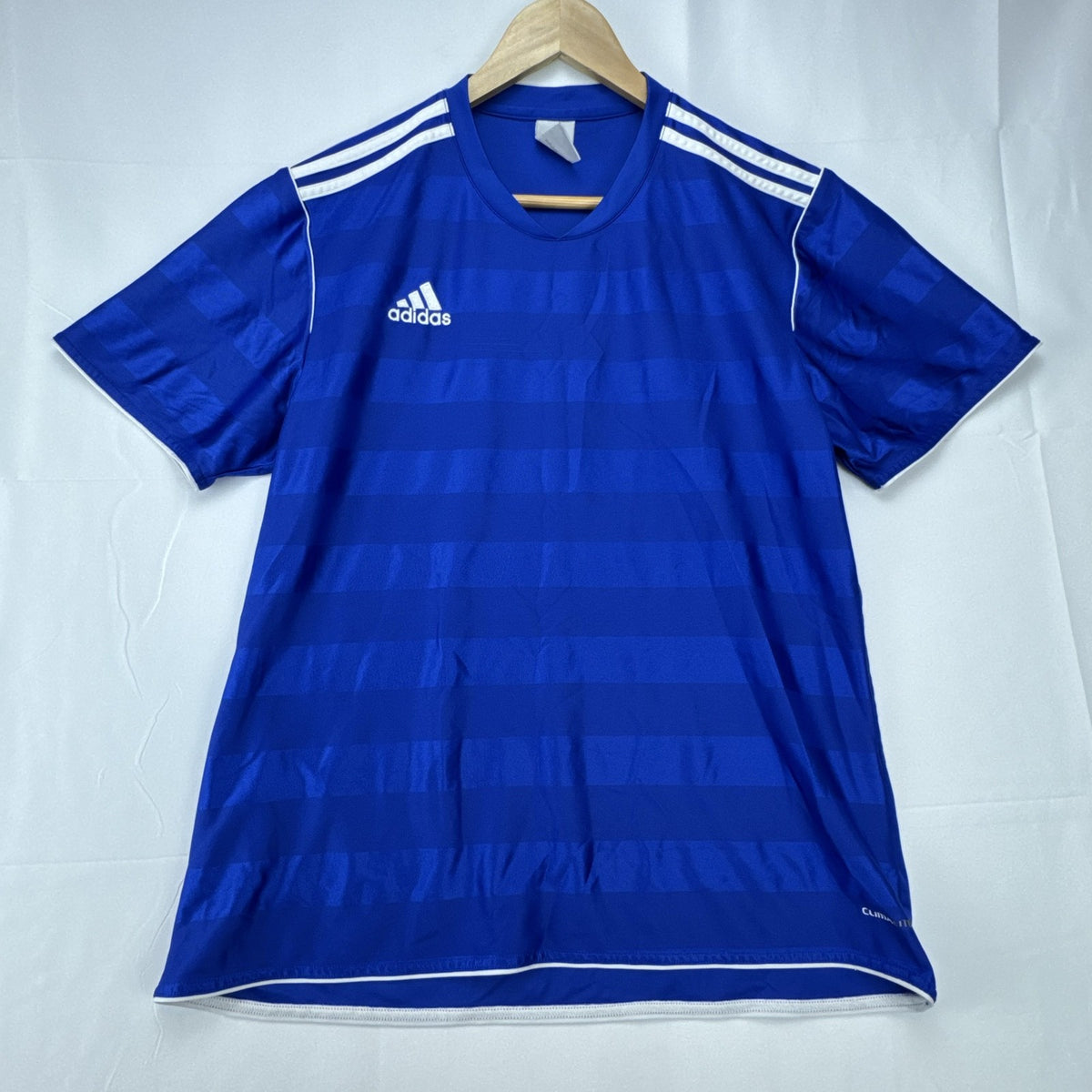 adidas men's Climalite soccer jersey in royal blue with white shoulder stripes, size large