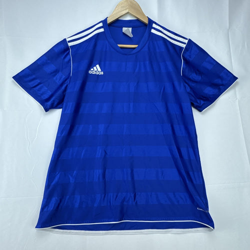 adidas men's Climalite soccer jersey in royal blue with white shoulder stripes, size large