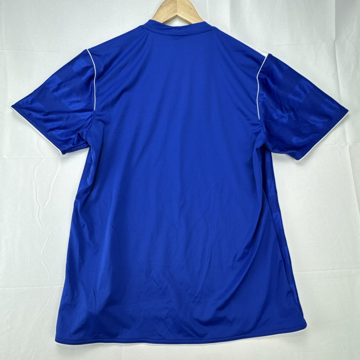adidas men's Climalite soccer jersey in royal blue with white shoulder stripes, size large
