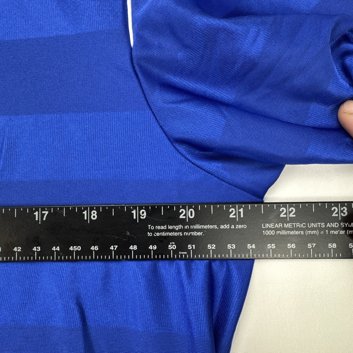 adidas men's Climalite soccer jersey in royal blue with white shoulder stripes, size large