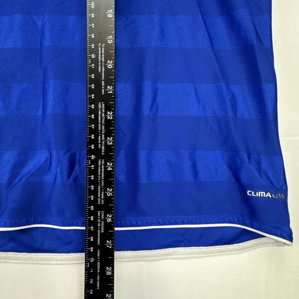 adidas men's Climalite soccer jersey in royal blue with white shoulder stripes, size large