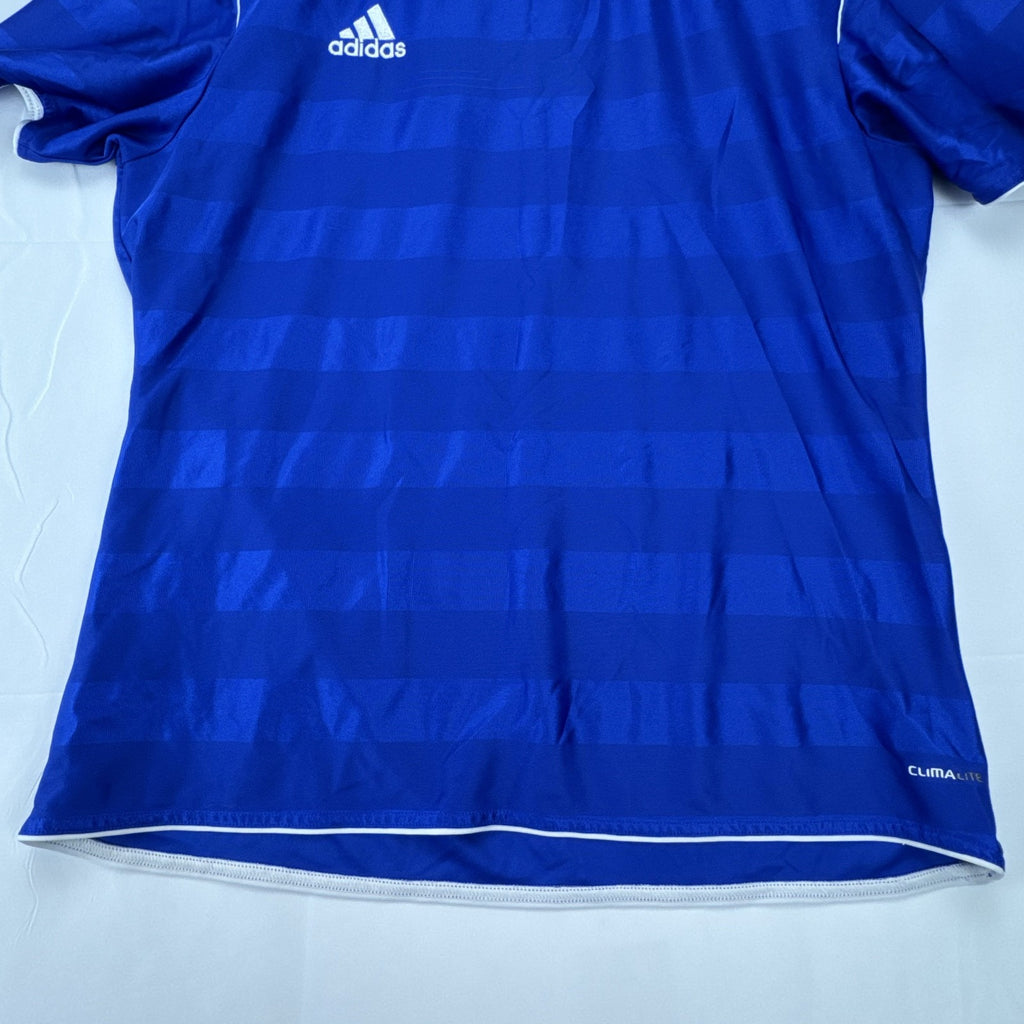 adidas men's Climalite soccer jersey in royal blue with white shoulder stripes, size large