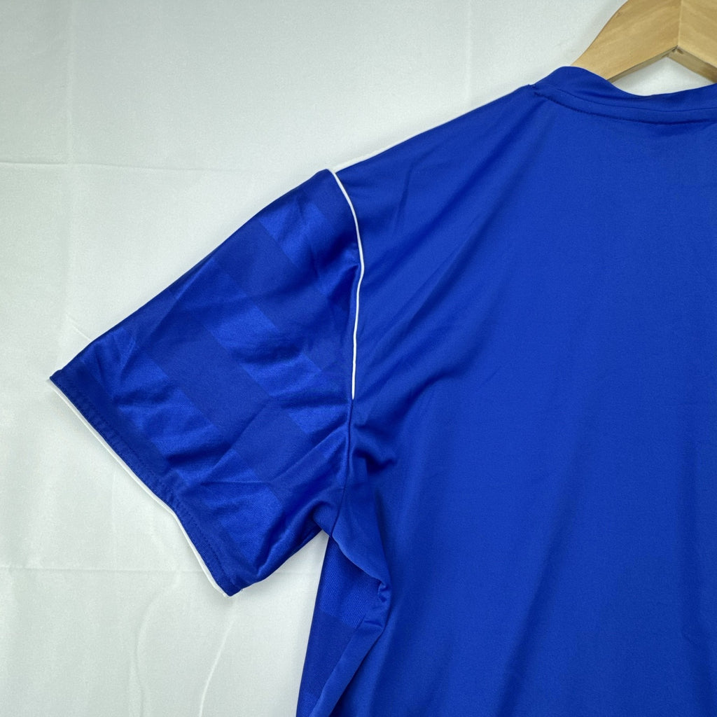 adidas men's Climalite soccer jersey in royal blue with white shoulder stripes, size large